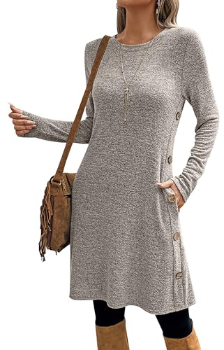 SEVETAT Damen Herbst Winter Elegant Strickkleid Tunika Kleid Casual Lose Pulloverkleid Blusenkleid Rundhals Langarm Leicht Jumper Kleider Freizeitkleid mit Taschen und Seite Knöpfen (S, Kaffee)