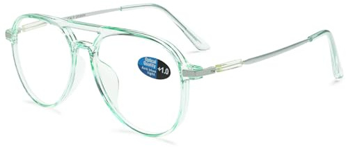 ABETOS Gafas de lectura de aviador para mujeres y hombres, bloqueo de luz azul, ovaladas, retro, a la moda, doble puente, lector de computadora, verde claro + 1.0