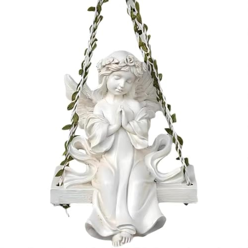 FIYSON Engel-Gartenfigur, Skulptur mit Schaukel,Betende Engelfiguren Skulptur,geeignet für Rasen,Hof,Terrasse,Fensterbank,wasserdichte Gartendekoration im Freien,Maße: 15.5 * 13.5 * 21cm
