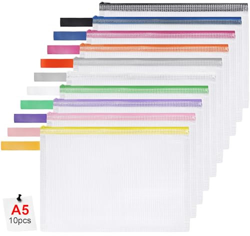 OFFCUP Dokumententaschen A5, 10 Stück A5 Dokumentenmappe mit Reißverschluss Datei Schule Büro, 6 Farbe Wasserdichte Mesh Kunststoff Dokumententasche für Papier, Dokumente, Kosmetika