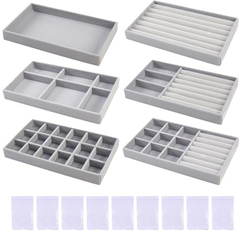 VEGCOO 6-teiliges Schmuckaufbewahrung Set, Schmucktablett Organizer, Grau Samt Schmucktablett, Stapelbar Schmuck Organizer Schublade für Halsketten, Ringe, Ohrringe