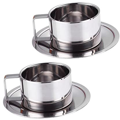 PRETYZOOM Set 2 Tazze Da Caffè Con Piattino in Acciaio Inossidabile 304, Tazze Da Cappuccino e Acqua Da 200ml, Per Casa e Ufficio, Design Sicuro Con Bordi Lisci, 4 Pezzi Totali