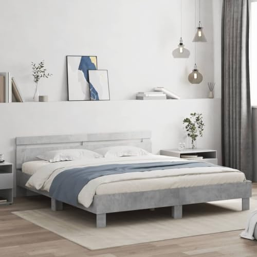 KTHLBRH Bettgestell Familienbett Doppelbett Schlafzimmer möbel Bettgestell mit Kopfteil und LED-Beleuchtung Betongrau