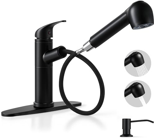 Herogo Kitchen Sink Faucet with Pull Down Sprayer, Small Single Handle Low-Arc Matte Black Stainless Steel Kitchen Faucet, 1-3 Hole with Pop Up Drain, Deck Plate and Supply for RV Outdoor Farmhouse