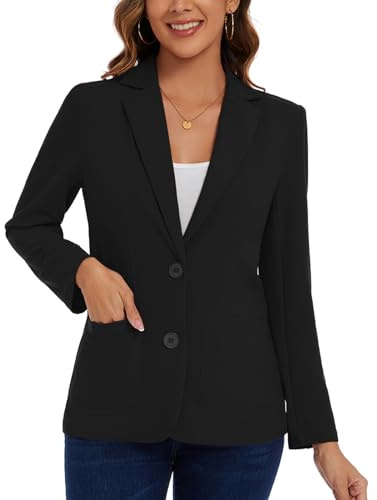 Kyzoeyou Blazer casual para mujer con 2 botones, solapa con muesca, manga larga, chaqueta de trabajo clásica con bolsillos de parche y forro en la línea delantera, B-negro, L