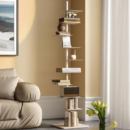Zdlopteron Bücherturm freistehend Metall,9-stöckiges Eckbücherregal Unsichtbar schmal hoch,Regalböden Leiter Regal zur Bücherpräsentation im Homeoffice(White)