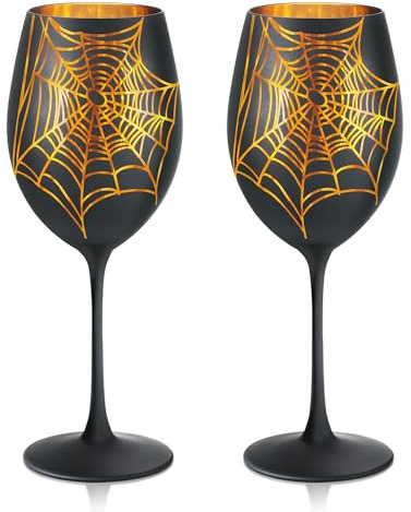 Joeyan Halloween Wine Glasses, Black Crystal Glass Goblet with Gold Cobweb Pattern, 580ml Large Stem Drinking Glasses for Burgundy Red White Wine, Day of The Dead Halloween Cup Glassware, Set of 2