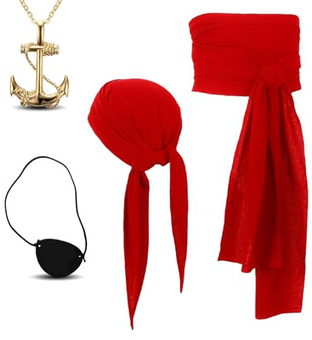 GWAWG 4-teiliges Piraten-Kostüm-Set, Captain Pirat Zubehör mit Red Pirat Bandana Gürtel, Red Pirat Bandana Gürtel, komplettes Set Piraten-Zubehör für Damen und Herren