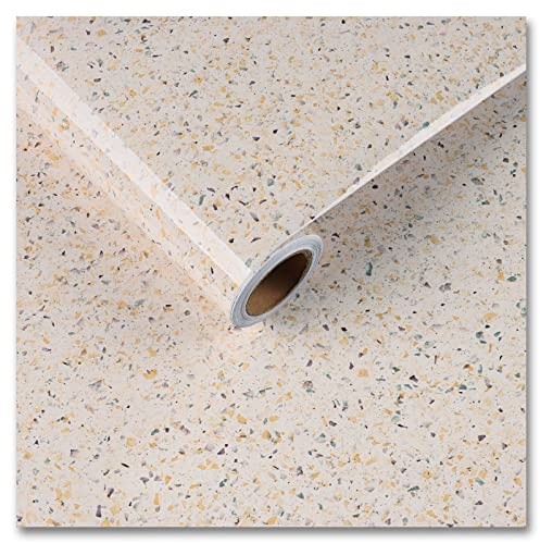 CRE8TIVE Papier Peint Autocollant Granit Beige 30cm x 200cm Film Adhésif Brillant Effet Terrazzo pour Cuisine Film Adhésif pour Plan de Travail Papier Peint Mural Imperméable pour Salle de Bains