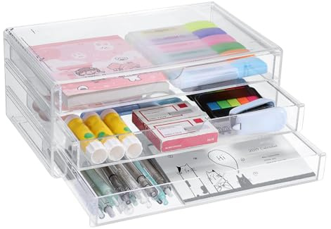 SUMTree Organisateur de Tiroirs multifonctionnel en Acrylique - 3 tiroirs | transparente, Boîte de Rangement pour documents, stylos, crayons, 28×16×12cm