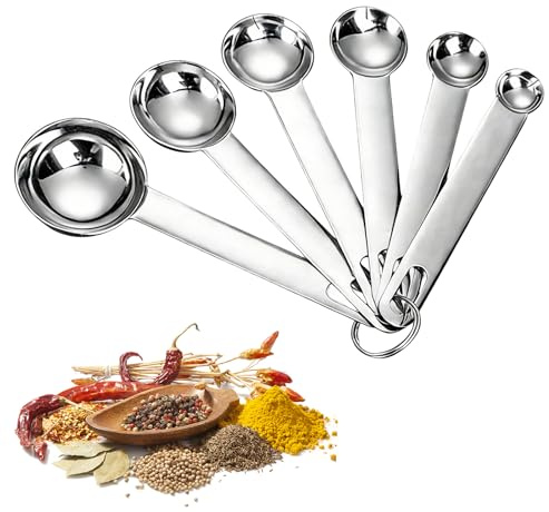 Stainless Steel Measuring Spoons Set, 6 Pcs Kitchen Engraved Measure Scoop, Tablespoon with Metric and UK Measurements, Measuring Dry and Liquid Ingredients, Food Grade