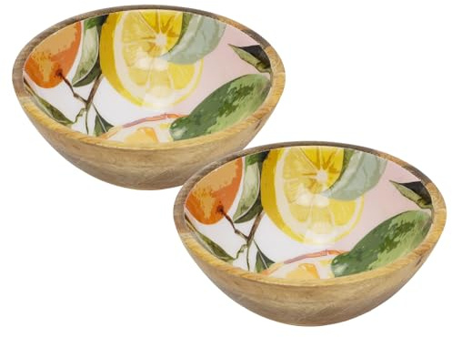 Carousel Home Set of 2 Medium Mango Wood Citrus Bowls | 17cm Enamel Orchard Fruit Design Kitchen Serving Bowls for Snacks, Dips, Desserts