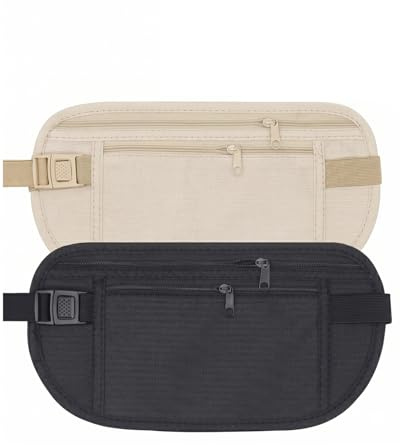 TISCH Marsupio da Viaggio Antifurto 2 Pezzi (Khaki & Nero) Ultra Sottile, Cintura Porta Soldi Nascosta, Portadocumenti Discreto per Uomo Donna
