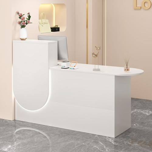 Receptionsskrivbord med låsbara lådor och LED-belysning, modern vit främre räknare för affärskontor, funktionell mottagningsmöbler