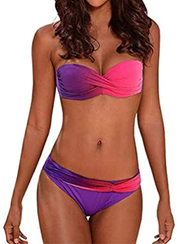 Bikini Bandeau Acolchado para Mujer con Traje De Baño Cinturón De Hombro Push Up Extraíble único Up Beach Fashion Mujeres Fruncido Bandeau Bikini Trajes De Baño con Bragas De Dos Piezas (Rosa,L)