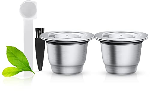 Capsule da caffè ricaricabile pernnespreso, in acciaio inox, da riempire, 2 capsule + 1 cucchiaio + 1 spazzola + 2 Sets Silicone O-Ring Compatibile con Capsule