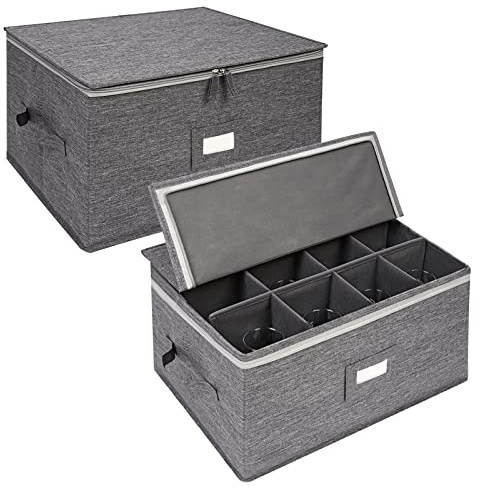 popoly Stemware Storage Containers (2 pack), Wine Glass Storage Box with Dividers for Glassware or Crystal, Holds 12 Red or White Wine Glasses, Hard Top and Stackable (Grey)