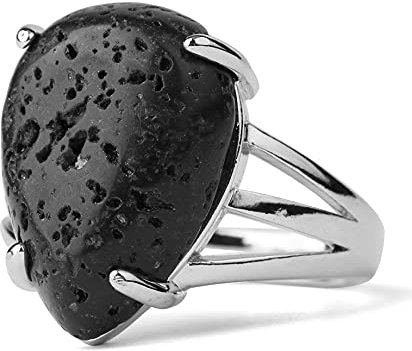 LCDIUDIU Anillos Mujer,Piedra Volcánica Negra Natural En Forma De Gota Con Incrustaciones De Plata Anillo De Cola De Nudillo Abierto Ajustable Anillo De Junta De Dedo Joyería Para Mujeres Dama Ni