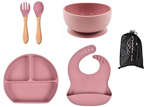 Juego de alimentación de silicona para bebé, cuenco con ventosa, regalo de cumpleaños para bebé, babero ajustable e impermeable, cuchara suave y tenedor, juego de vajilla dividida (rosa)