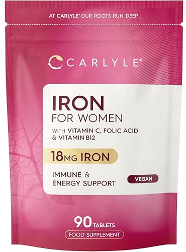 Iron Tablets 18mg | High Strength for Women | with Vitamin B12, Vitamin C and Folic Acid | 100% NRV Iron Complex | 90 Vegan Tablets | by Carlyle
