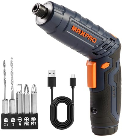 MAXPRO Avvitatore a batteria 5N.m, 2.0Ah Cacciavite Elettrico 3.6 V, Avvitatore Elettrico, Cavo di Ricarica USB, 2 Posizioni (90° a 180°), Luce a LE