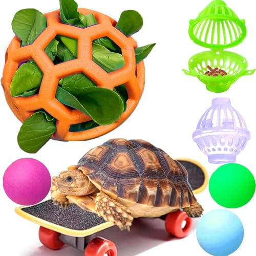 Fejapa 7 pcs Tortoise Treat Ball and Training Skateboard Toy Set Turtle Feeder Ball Funny Aquatic Turtle Enrichment Toys Aquarium Feed Toy Tortoise Feeding Balls Vegetable Grass for Small Animals