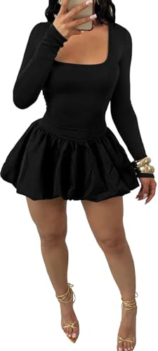 YOOTIKO Women Y2k Bubble Mini Dress Party Clubwear Sexy Square Neck Long Sleeve Cute Puffy Dress Black