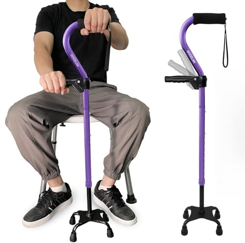 Quad Walking Cane justerbar käpp för män och kvinnor och seniorer – lätt och robust med 4-bensad bas för extra stabilitet och balans, fristående skumvadderat offsethandtag för mjukt grepp (violett)