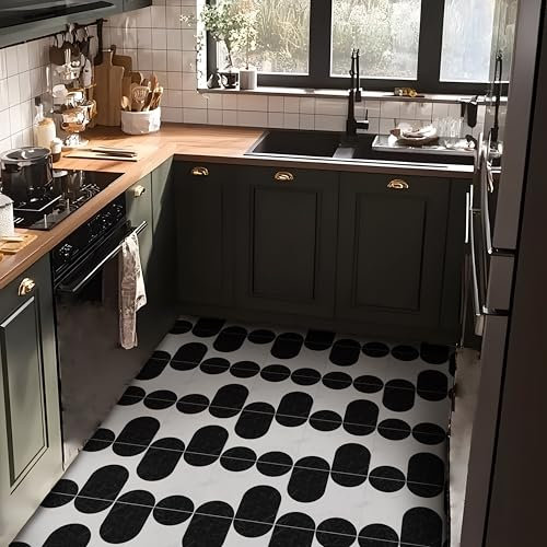 Alwayspon Vinyl Flooring Tile Sticker, 12Px30cm/12inch Peel and Stick Vinyl Floor Wall Planks Self-Adhesive Splashback Stick on Tiles Transfer Sticker for Bathroom Kitchen, Black White Marble French