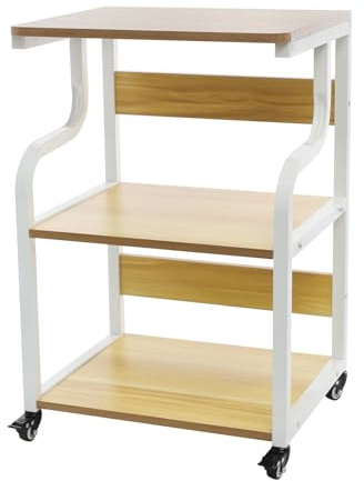 YUYUZI Druckerständer mit Rädern & 3 Ebenen - Rollender Druckertisch aus Stahl & Holz, Höhenverstellbar & 80kg Tragkraft, Ideal mit Bremsen für Homeoffice und Büro (Licht Walnussfarbe)