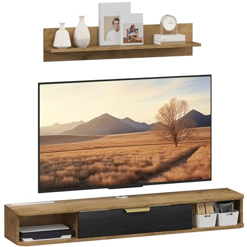 HOMCOM Conjunto de Muebles de Salón, Muebles de TV con Estante de Pared, Puerta, Estantes Abiertos, Orificios para Cables, para Televisión de Pared, 120x24x16 cm, Roble