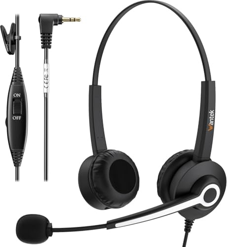 Wantek Auriculares Teléfono Fijo Inalámbrico 2,5 mm Dual, Micrófono con Cancelación de Ruido, Cascos con Control de Volumen para Gigaset Panasonic Grandstream Teléfonos DECT