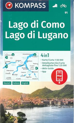 KOMPASS Wanderkarte 91 Lago di Como, Lago di Lugano 1:50.000: 4in1 Wanderkarte mit Aktiv Guide und Detailkarten inklusive Karte zur offline Verwendung in der KOMPASS-App. Fahrradfahren.