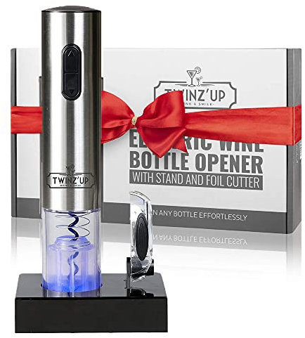 Twinz'up Sacacorchos Eléctrico Inalámbrico - Profesional Abridor de Vino Electrico Recargable (Base de Recarga) con Corta Cápsulas - Caja de Regalo