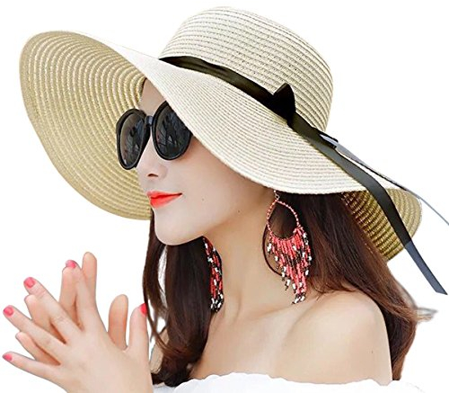 JOYEBUY Damen Schlapphut mit großer Krempe, Schleife, Strohhut, faltbar, aufrollbar, Stil C-beige, Einheitsgröße