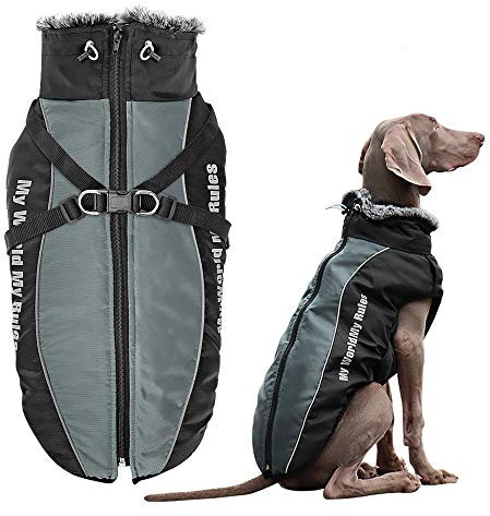 Didog wasserdichte Hunde-Winterjacke, Kaltwetter-Hundemäntel mit Geschirr und Pelzkragen, einfaches Gehen und weiche warme Sportbekleidung für mittelgroße und große Hunde, Grau, Größe 6XL