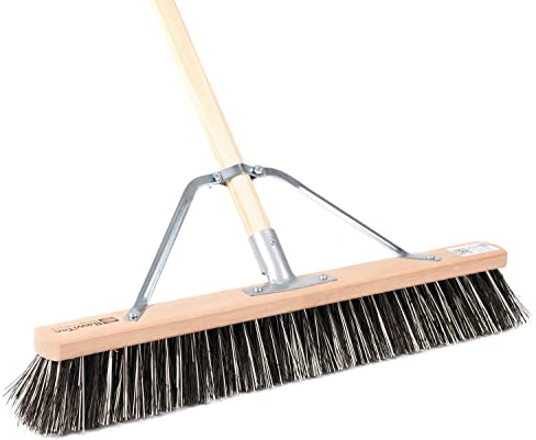 BawiTec Spezial-Straßenbesen 100cm Breit,mit stabilem Metall-Stielstabilisator und Stiel Länge 160cm,Harte Borsten-Mischung (OssiBlitz,Kunststoff-Arenga-Mix),Besen,Feger,Spezialbesen,Holzstiel