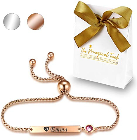TMT Personalisiertes Geburtsstein Armband mit Gravur | Silber Rose-gold | mit namen für Frauen und Mädchen Identitätsarmband Namensarmband BFF Bridesmaid Geburtstag Geschenk