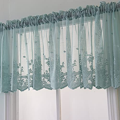 A.Monamour Rideau Court pour Petit Fenêtre Brodé Dentelle Sheer Voile Drapés Tissu Demi Rideau Brise-bise Cantonnière Rideaux pour Chambre Salon Cusine Café Bistrot Placard - Bleu