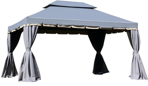 Outsunny Cenador de Jardín 4x3 m, Pabellón de Jardín Gazebo con Doble Techo, 4 Cortinas y Mosquitera, Marco de Aluminio, Orificios de Drenaje, UPF50+, Carpa para Exterior, Terraza, Patio, Gris