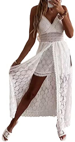 Himllauen Combinaison Femme Évidée Décolleté Col en V Profond sans Manche Combi-Short avec Jupe Longue Fendue Tricotée en Bretelle Jumpsuit Chic Sexy Grand Taille Voyage (Blanc, XL)