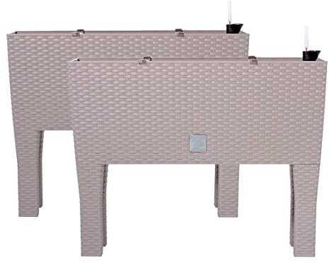 PAFEN 2X Blumentöpf Blumenkasten mit Füßen – 595 x 240 x 460 mm - Pflanztopf Rattan-Optik Übertopf Wasserstandsanzeiger Balkonkasten Pflanzkästen, Mocca