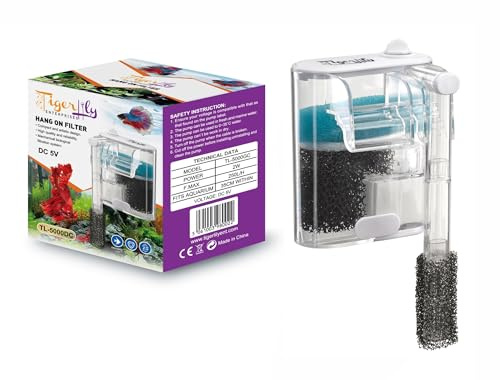 Tigerlily Enterprises Mini Waterfall Aquarium Filter – 250L/H USB-Powered Hang-On Back (HOB) Filter with Adjustable Flow, Ultra Quiet Operation & 3-Layer Filtration for Small/Nano Fish Tanks