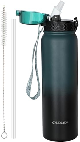 OLDLEY Bouteille d'eau en Acier Inoxydable avec Paille 1L Isotherme Sous Vide Grande gourde en Métal Étanche Garder les Boissons au Chaud et au Froid pour Vélo Camping Sports Gym Adulte Femme Homme