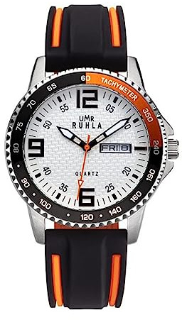 UMR RUHLA Armbanduhr, Quarz, analog, Silikonarmband, Edelstahlgehäuse, wasserdicht bis 10 bar, Farbe:Orange/Weiß
