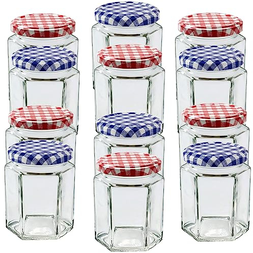 Offer Shop Jam Glass Jars with Airtight Preserve Lid & Labels - 280ml / 9oz Hexagonal Glass Jar for Kitchen Spices Honey | 6 Red and 6 Blue Gingham Jars- 12 Set