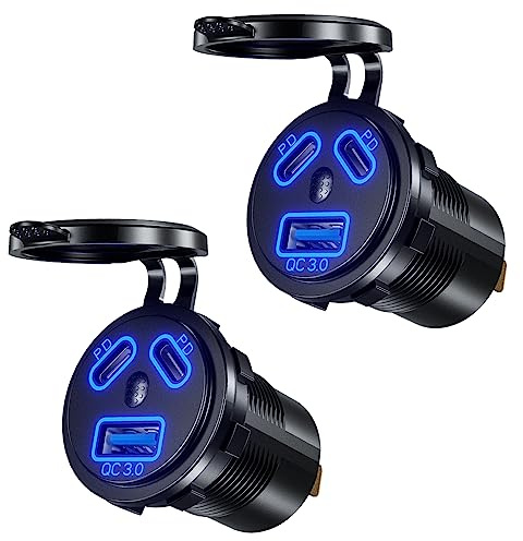 Thlevel USB C Steckdose 12V Auto Ladegerät 18W QC3.0 und Dual 45W PD | mit Schalter Handy Schnellladung Wasserdicht für 12V-24V KFZ Boot Motorrad 2 Stücke