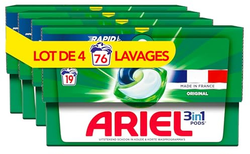 Ariel 3in1 PODS, Lessive Liquide En Capsules 4 x 19 Lavages, Alpine, Dissolution Rapide, Impeccable A Froid Et En Cycle Court