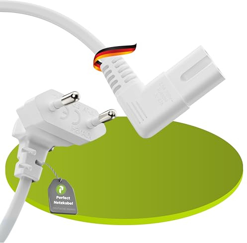 Perfect Stromkabel Netzkabel 2 Polig, 3,0m, Netzstecker Eurostecker Typ C auf Euro 8 Stecker IEC C7 Buchse, 90° Winkel Strom Kabel Netzteil für Haushaltsgeräte, PS3, PS4, PS5, TV UVM, Weiß