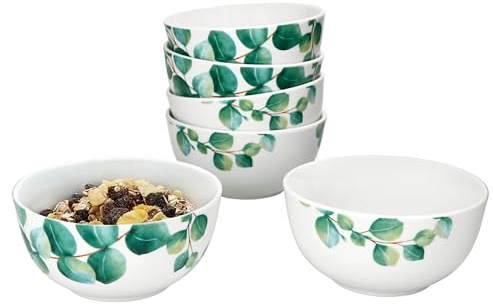 MamboCat Eucalyptus Lot de 6 bols 14 cm I 400 ml I Bol en porcelaine blanche pour 6 personnes avec décor végétal vert I Coupelle pour salade, soupe, céréales, etc. au petit-déjeuner, au déjeuner et au